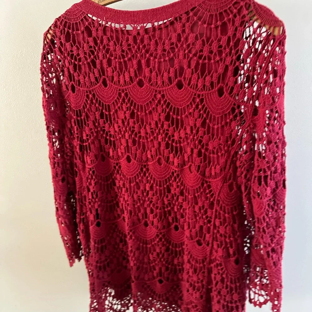 Christopher & Banks Dark Red Crochet top with scallop edge BoHo